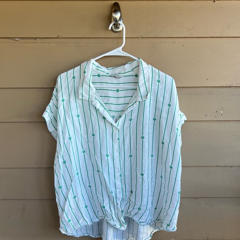 Lucky Brand Striped Button Up Shirt Womens XL Green White Floral Short Sleeve